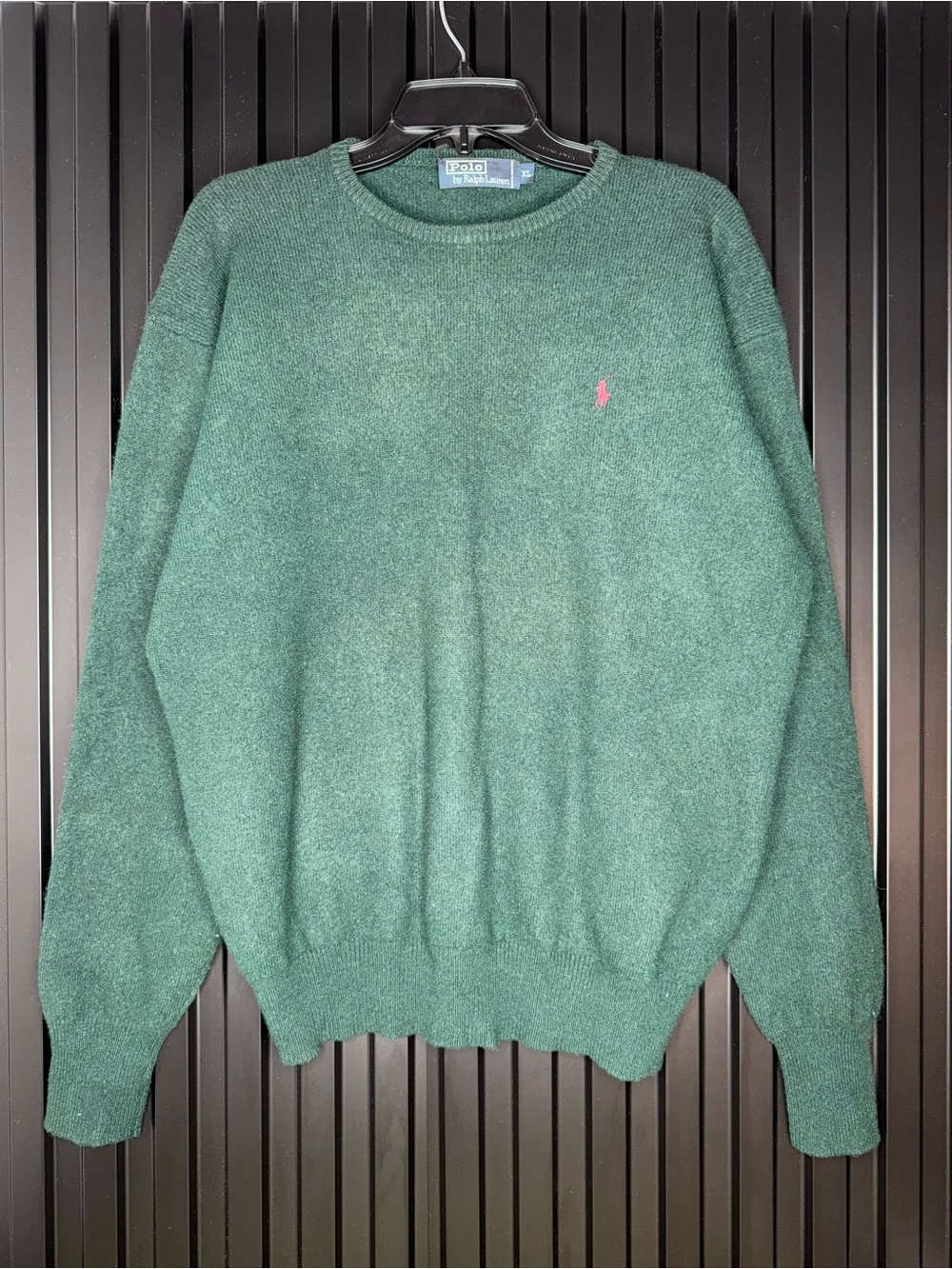 Vintage Polo Ralph Lauren XL Green Wool Blend Knit Sweater Pink Pony 90s Mens